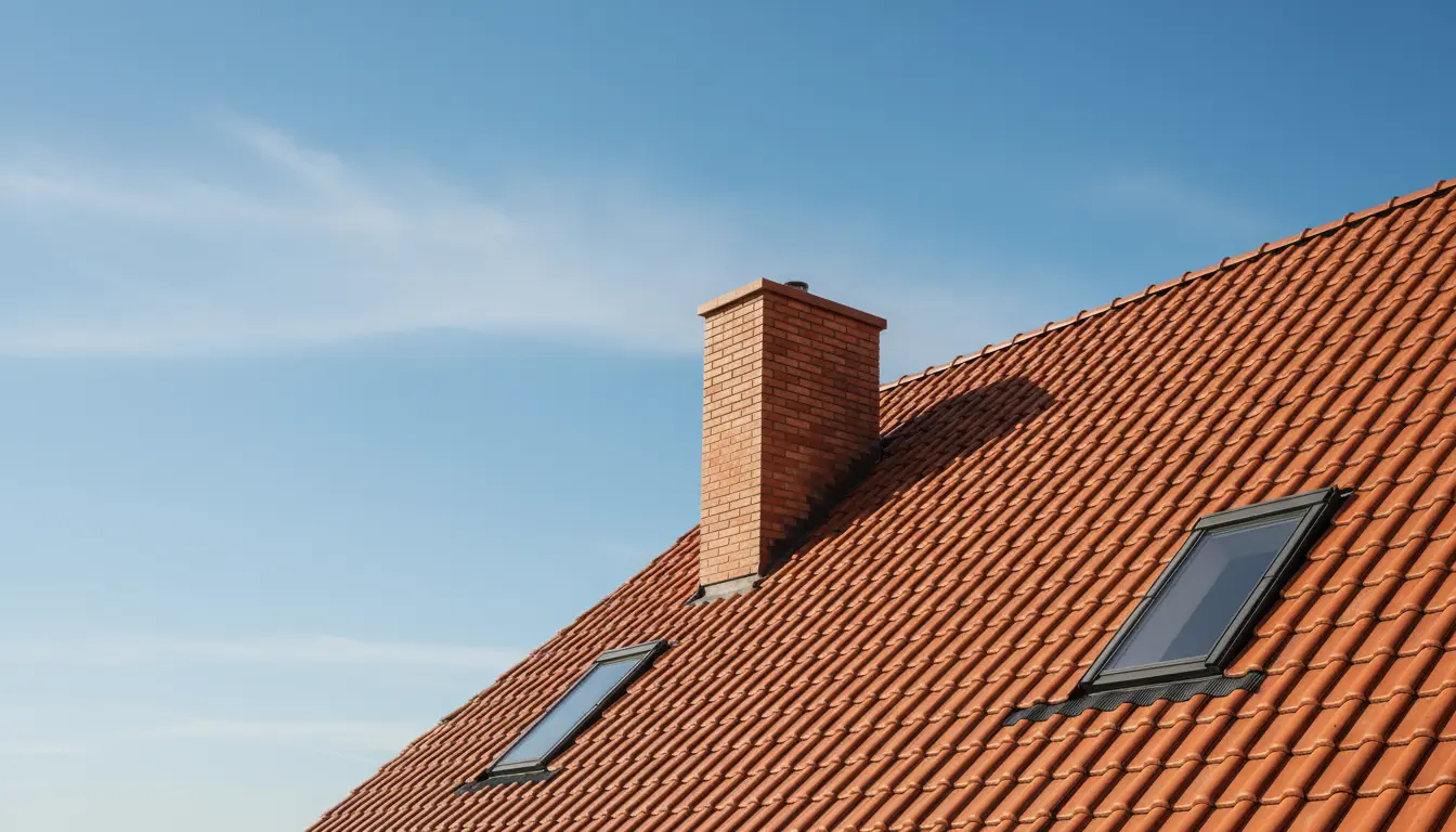Sloped residential roof with red clay tiles, chimney, and skylights under a clear blue sky