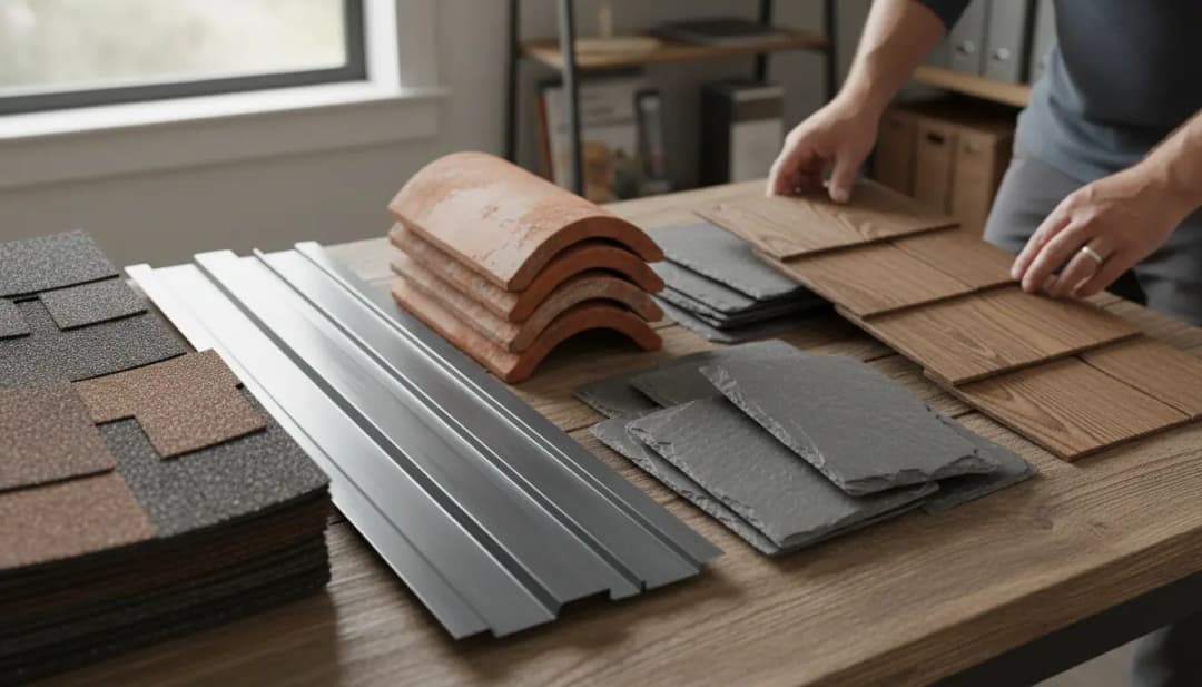 Various roofing materials including asphalt shingles, metal panels, slate, and clay tiles laid out for comparison