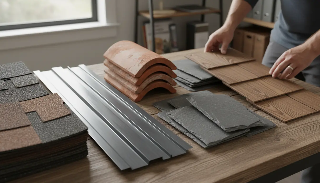 Various roofing materials including asphalt shingles, metal panels, slate, and clay tiles laid out for comparison