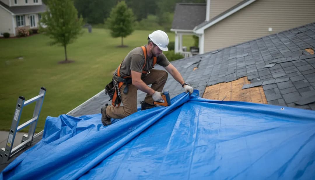 Roofer securing a blue tarp over a damaged roof section during emergency roof repair