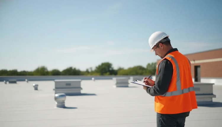 Inspector wearing a hard hat reviewing notes during a commercial roof inspection