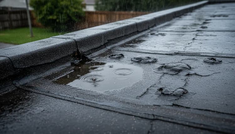 Flat roof showing pooled rainwater and worn roofing material indicating repair needs