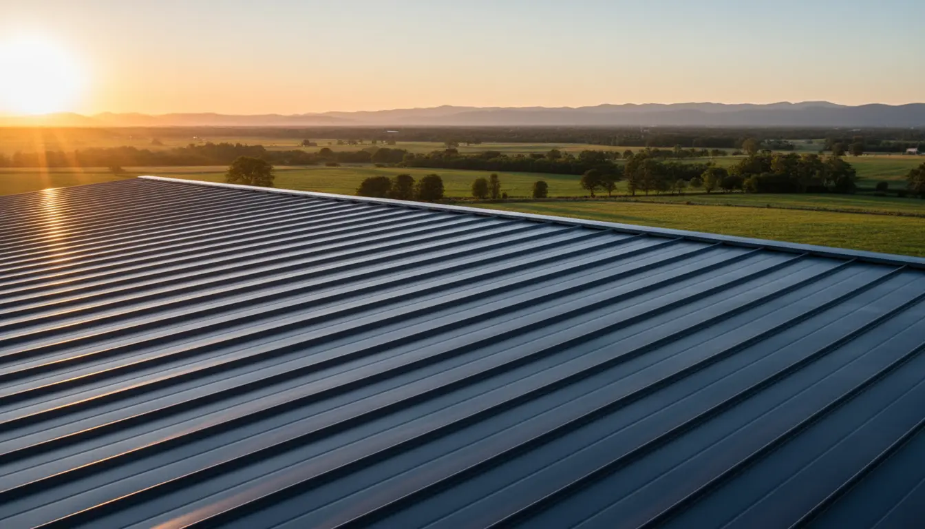 Wide view of a finished metal roof at sunset overlooking open countryside