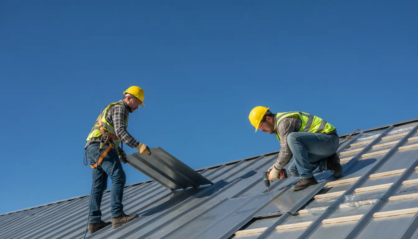 Roofing contractors installing metal roof panels on a sloped roof using safety gear